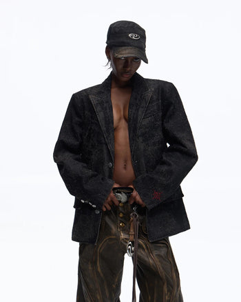 Personsoul Black Laser-Distressed Denim Blazer