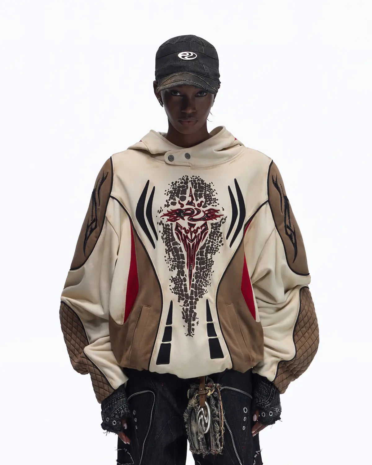 Personsoul Totem Color-Block Racing Hoodie In Brown