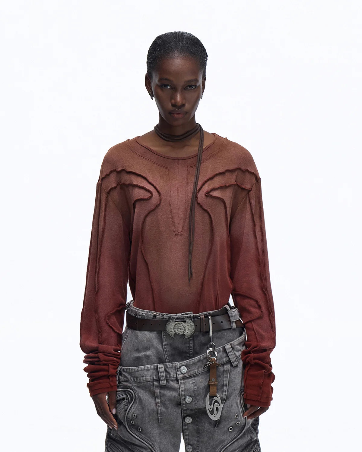 Personsoul Contrast Stitch Long Sleeve Top In Red