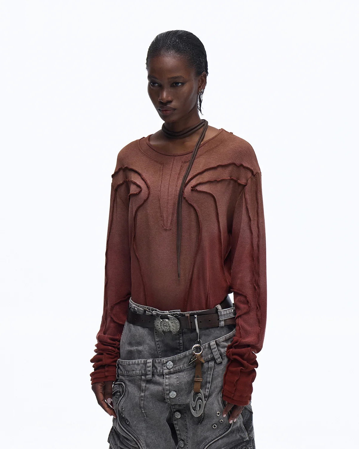 Personsoul Contrast Stitch Long Sleeve Top In Red
