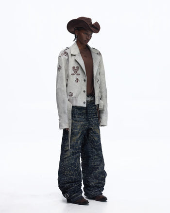 Personsoul Horse-Embroidered Leather Notch Collar Blazer