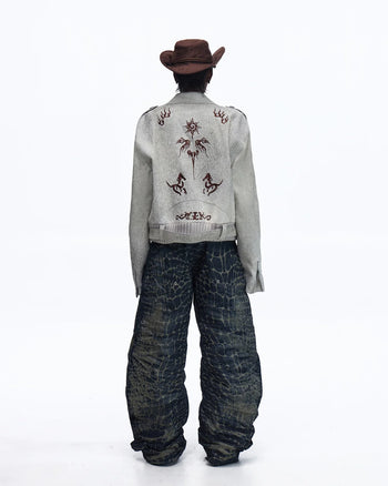 Personsoul Laser-Etched Crocodile-PatternedRaw Denim Scimitar Jeans