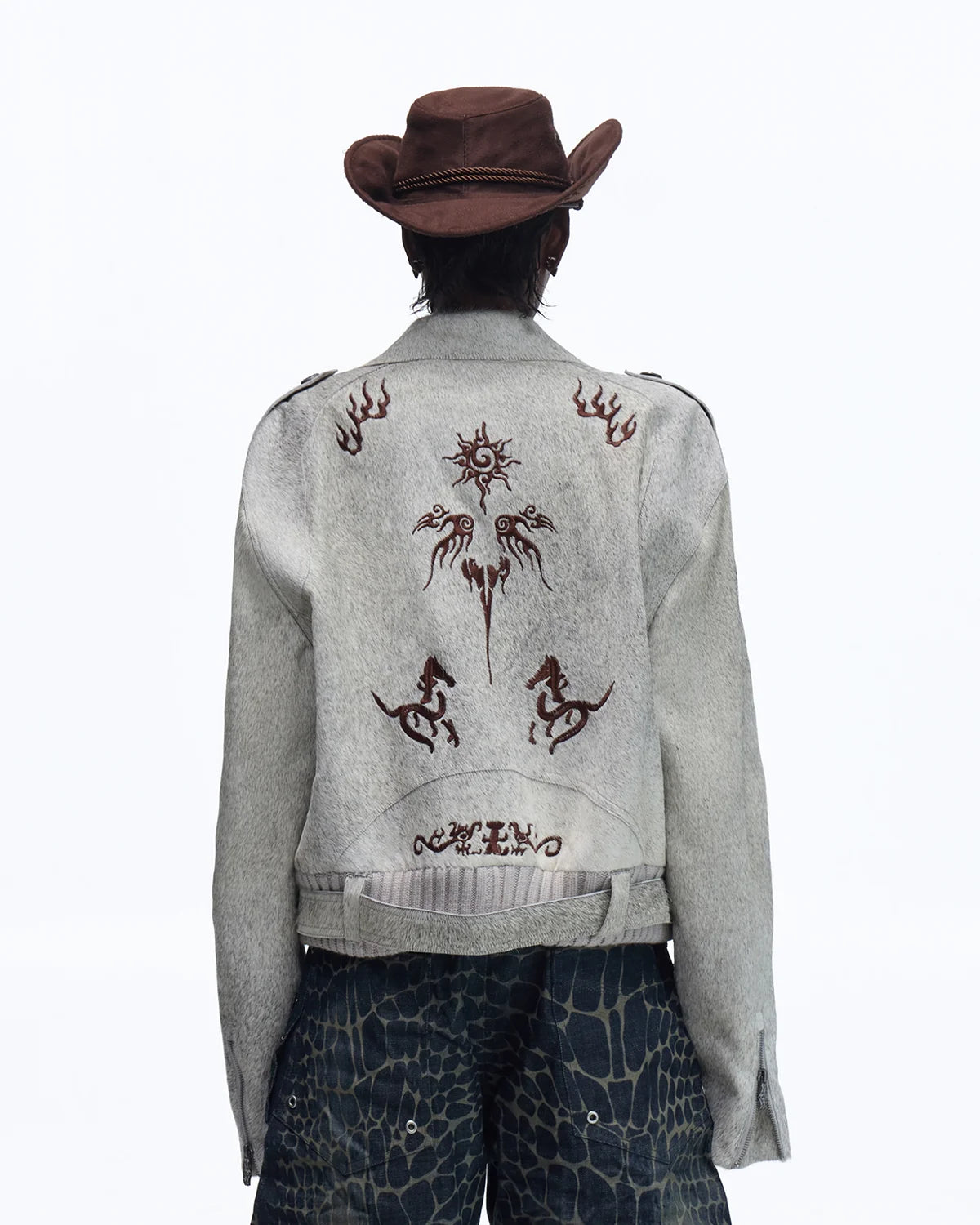 Personsoul Horse-Embroidered Leather Notch Collar Blazer