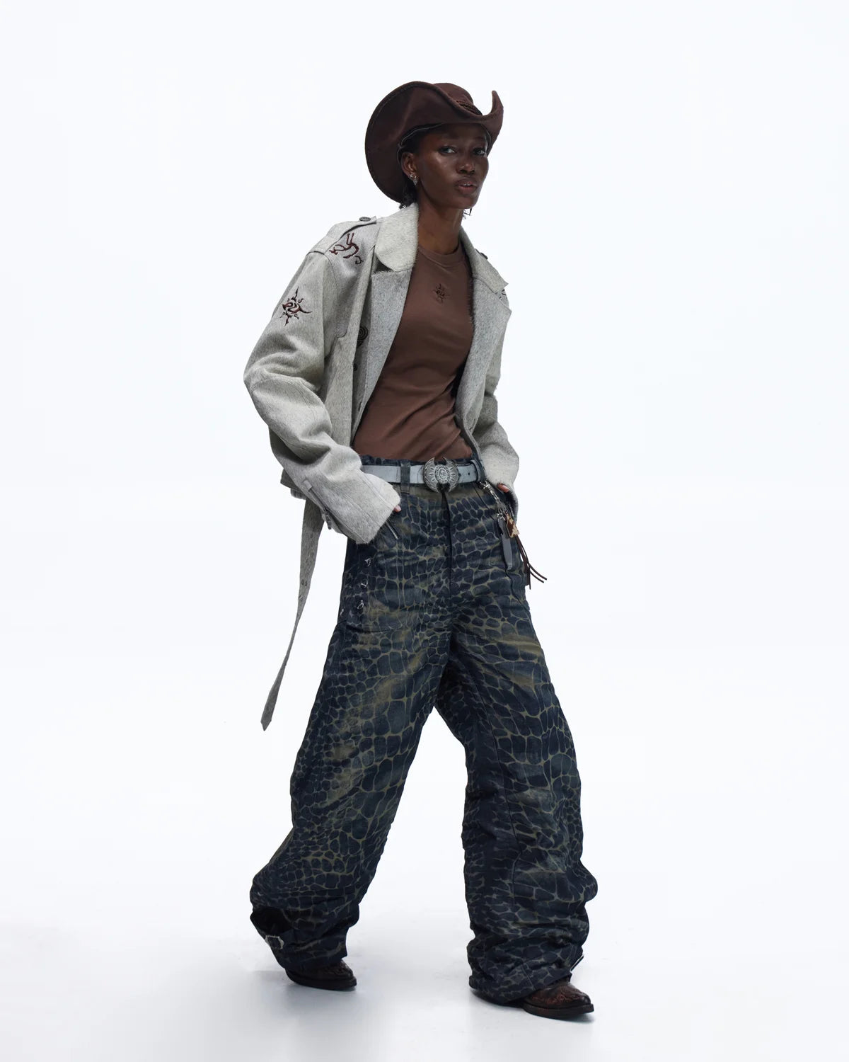 Personsoul Horse-Embroidered Leather Notch Collar Blazer