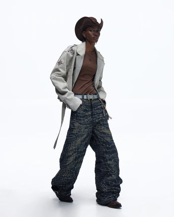 Personsoul Horse-Embroidered Leather Notch Collar Blazer