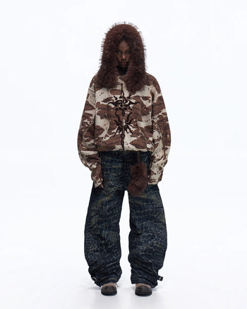 Personsoul Laser-Etched Crocodile-PatternedRaw Denim Scimitar Jeans