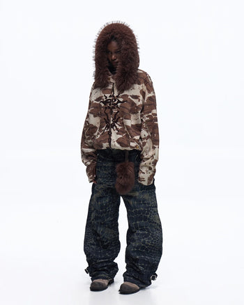 Personsoul Laser-Etched Crocodile-PatternedRaw Denim Scimitar Jeans