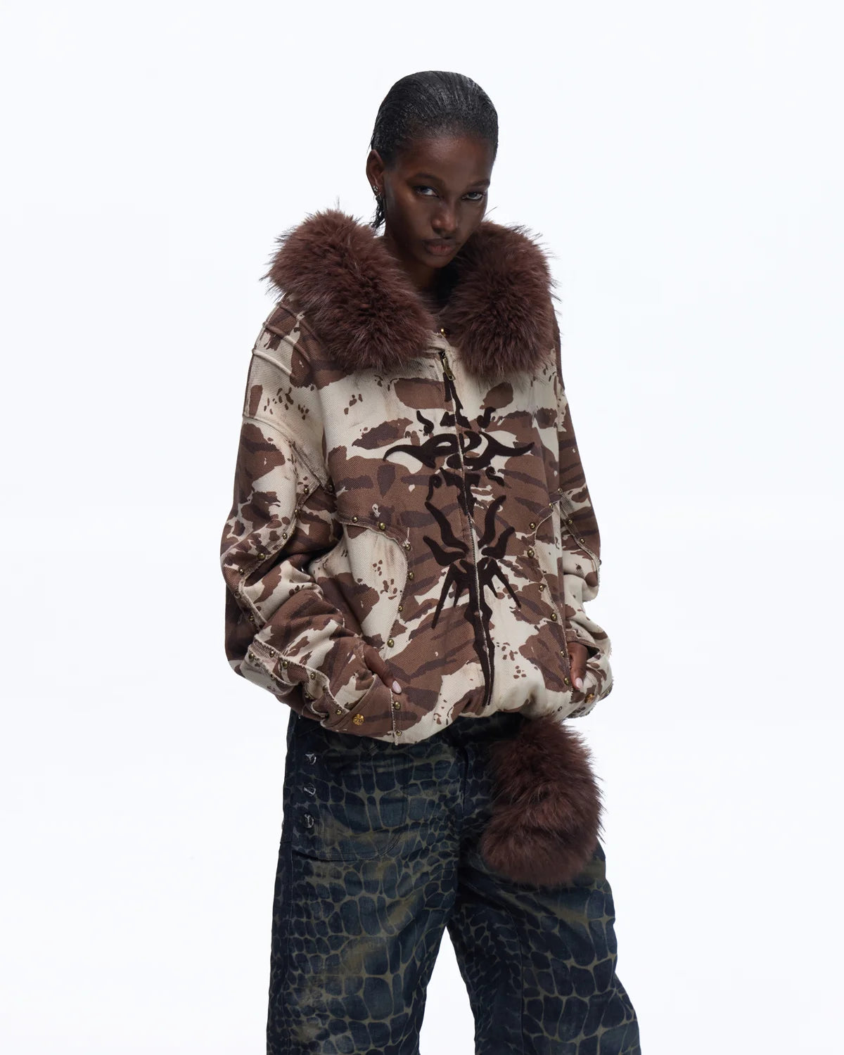 Personsoul Animal Print Hoodie with Fur-Lined Hood