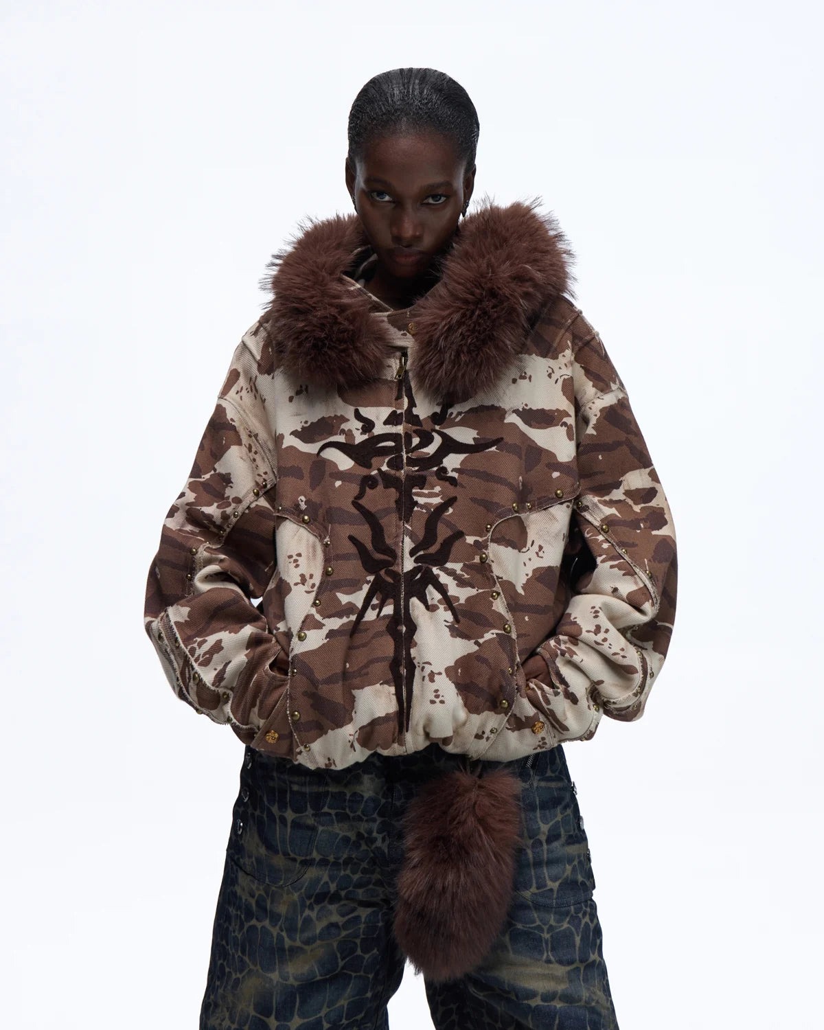 Personsoul Animal Print Hoodie with Fur-Lined Hood