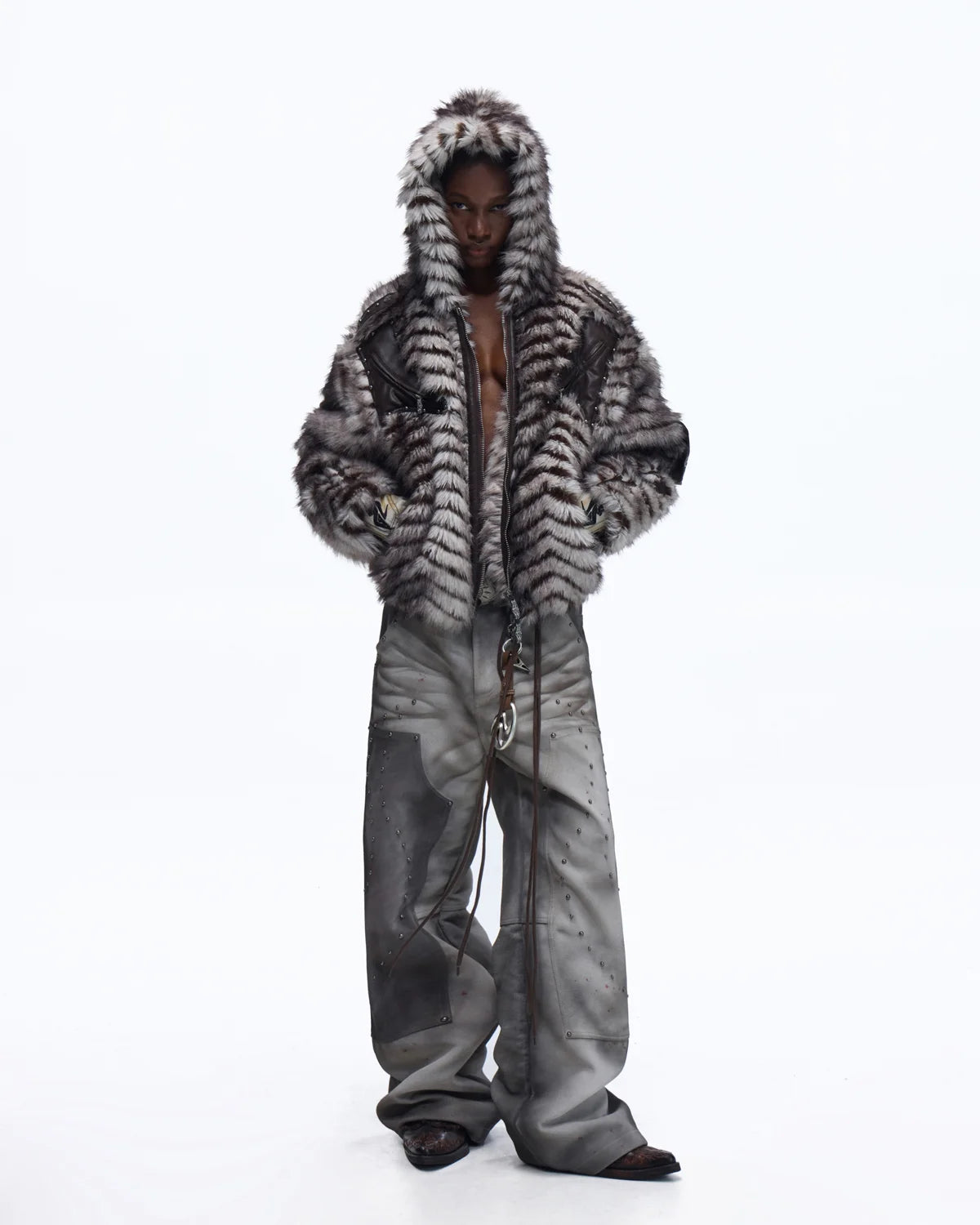 Personsoul Distressed Nubuck & Cowhide with Mushroom Studs Pants