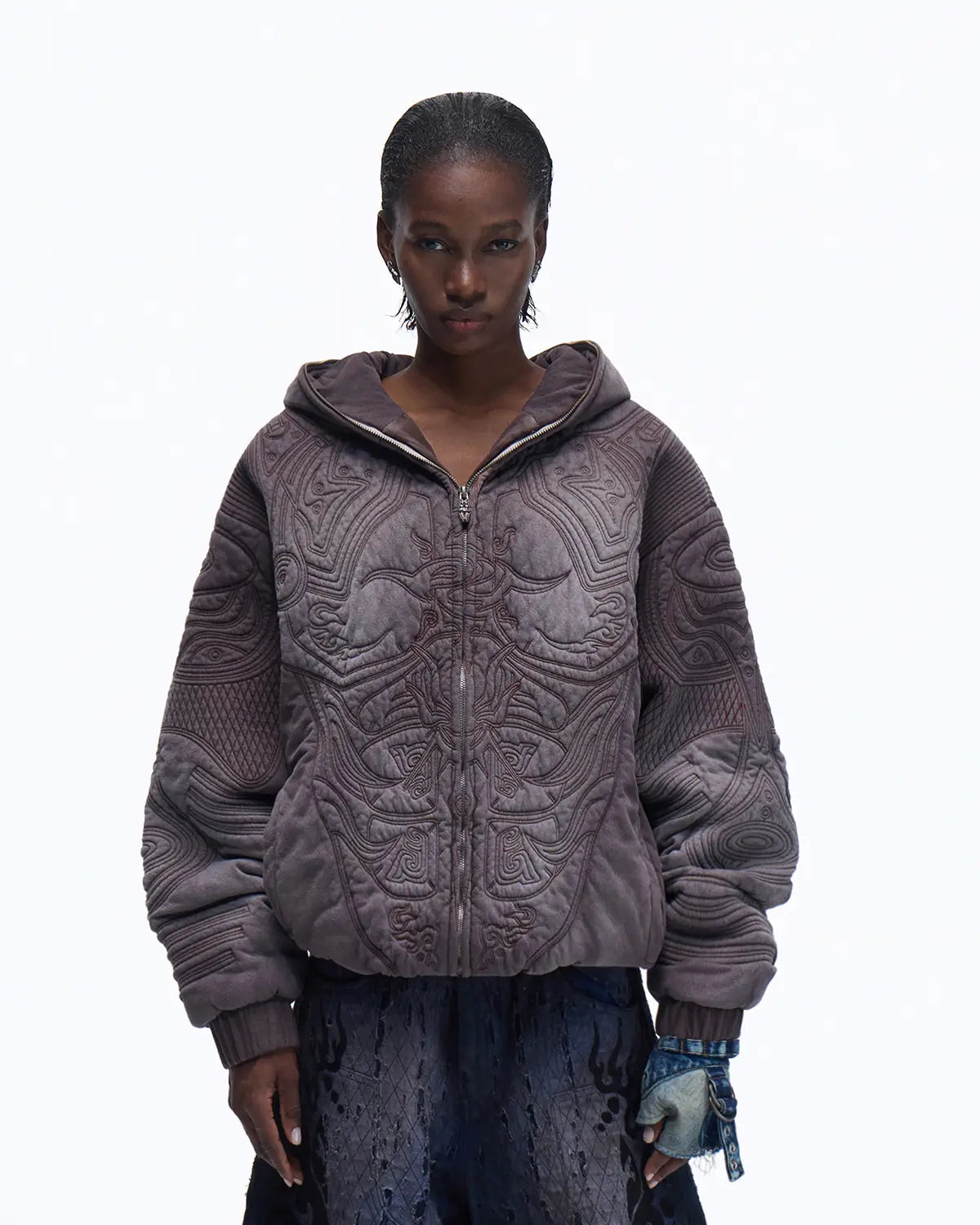 Personsoul Textured Full-Zip Hoodie with Chinese Motif Embroidery