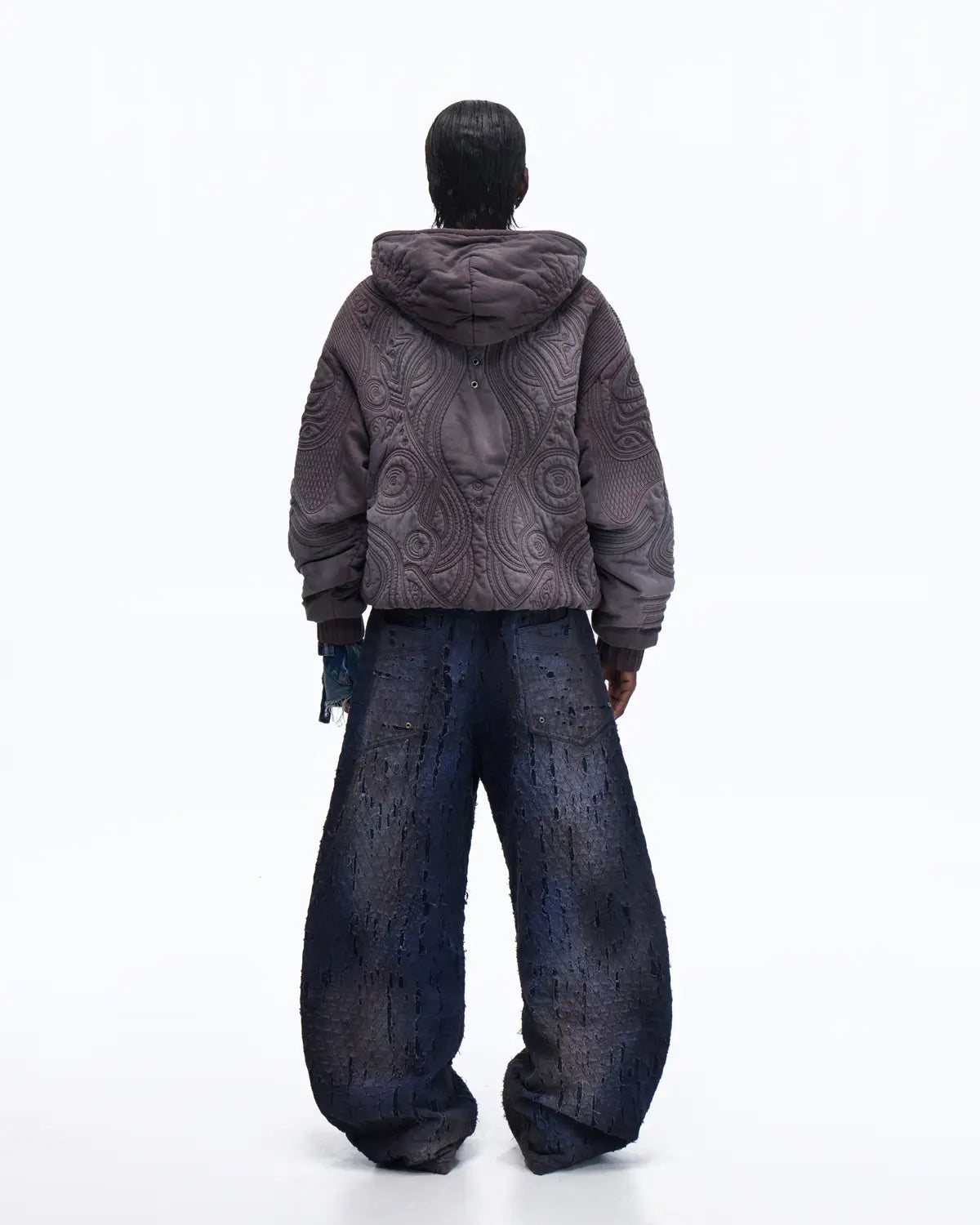 Personsoul Textured Full-Zip Hoodie with Chinese Motif Embroidery