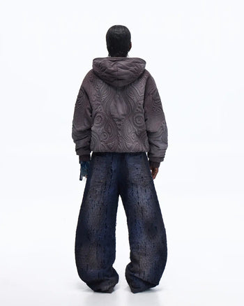 Personsoul Textured Full-Zip Hoodie with Chinese Motif Embroidery