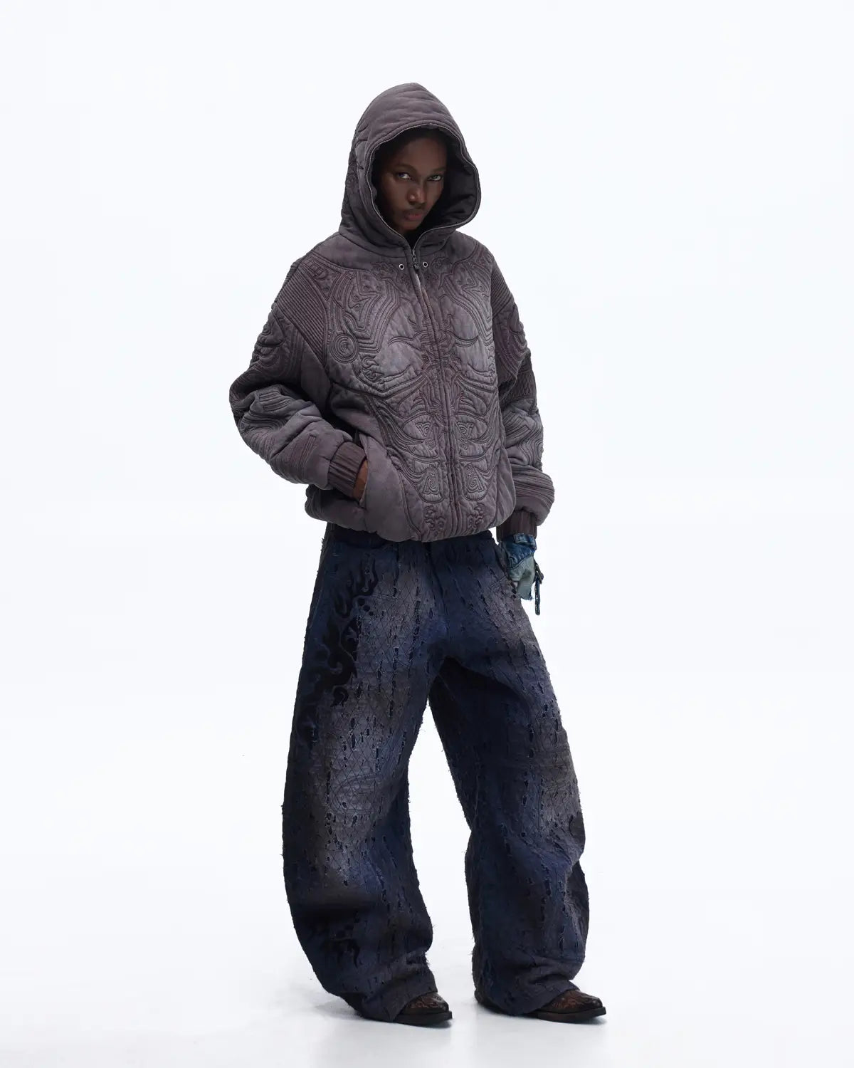 Personsoul Textured Full-Zip Hoodie with Chinese Motif Embroidery