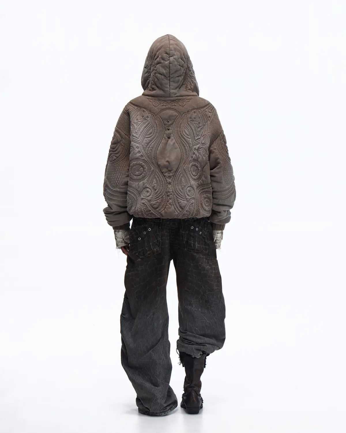Personsoul Textured Full-Zip Hoodie with Chinese Motif Embroidery