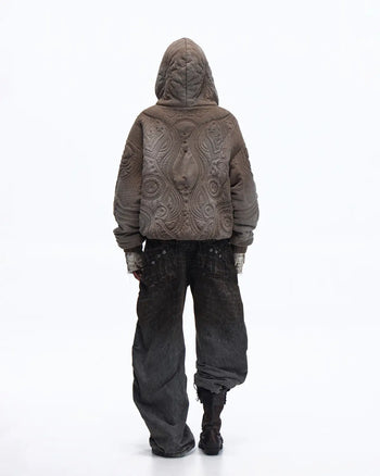 Personsoul Textured Full-Zip Hoodie with Chinese Motif Embroidery