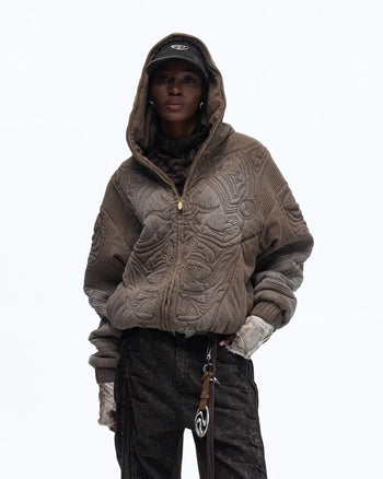 Personsoul Textured Full-Zip Hoodie with Chinese Motif Embroidery