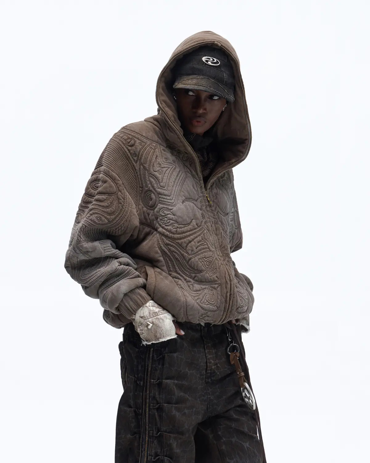 Personsoul Textured Full-Zip Hoodie with Chinese Motif Embroidery In Brown