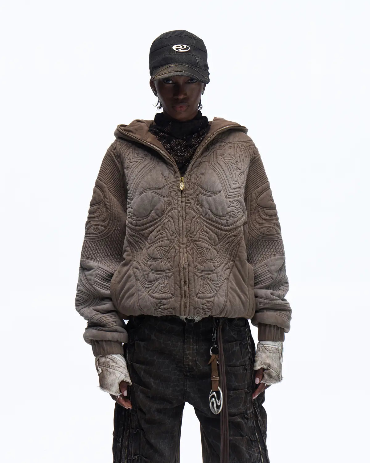 Personsoul Textured Full-Zip Hoodie with Chinese Motif Embroidery