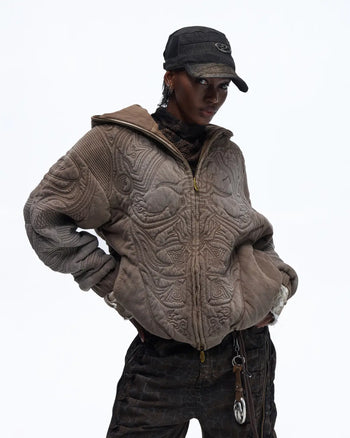 Personsoul Textured Full-Zip Hoodie with Chinese Motif Embroidery