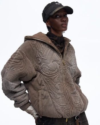 Personsoul Textured Full-Zip Hoodie with Chinese Motif Embroidery