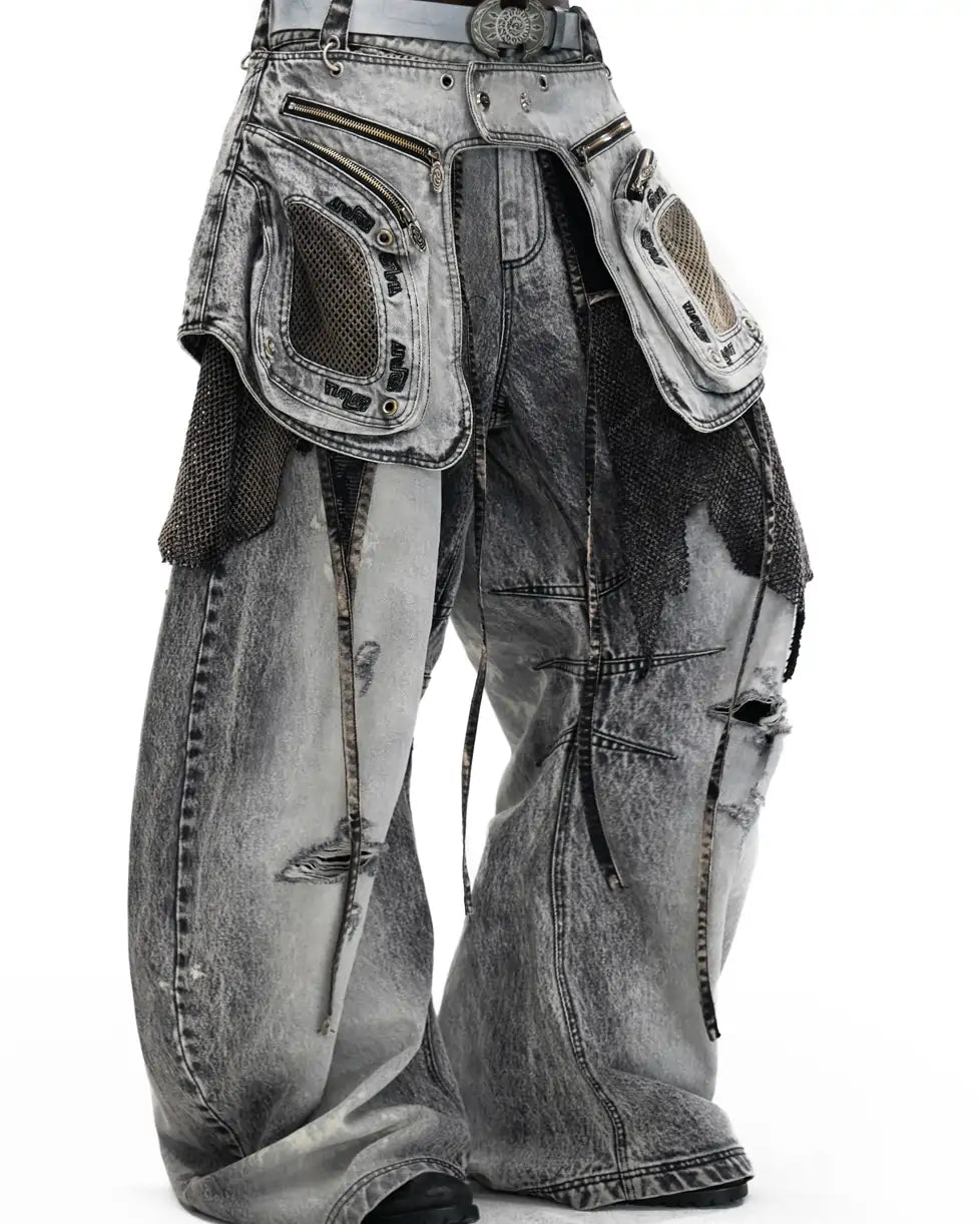 Personsoul Vintage Detachable Panel Curved-Leg Denim Jeans