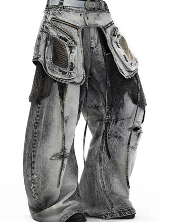 Personsoul Vintage Detachable Panel Curved-Leg Denim Jeans