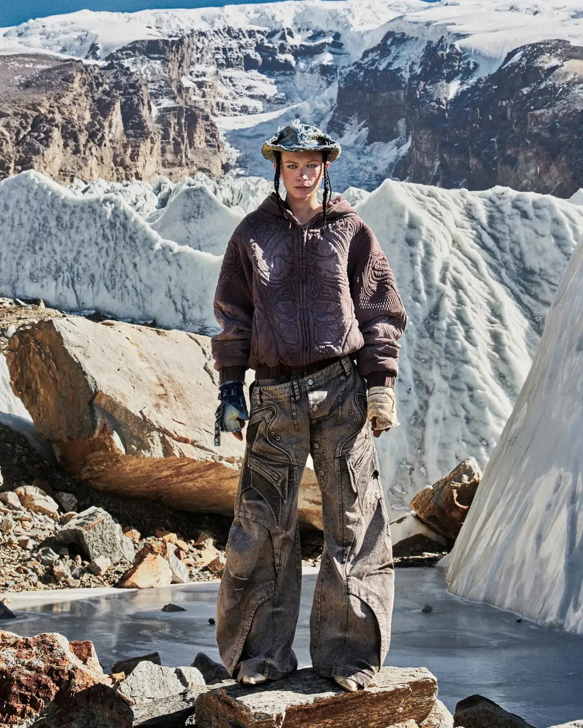 Personsoul Textured Full-Zip Hoodie with Chinese Motif Embroidery