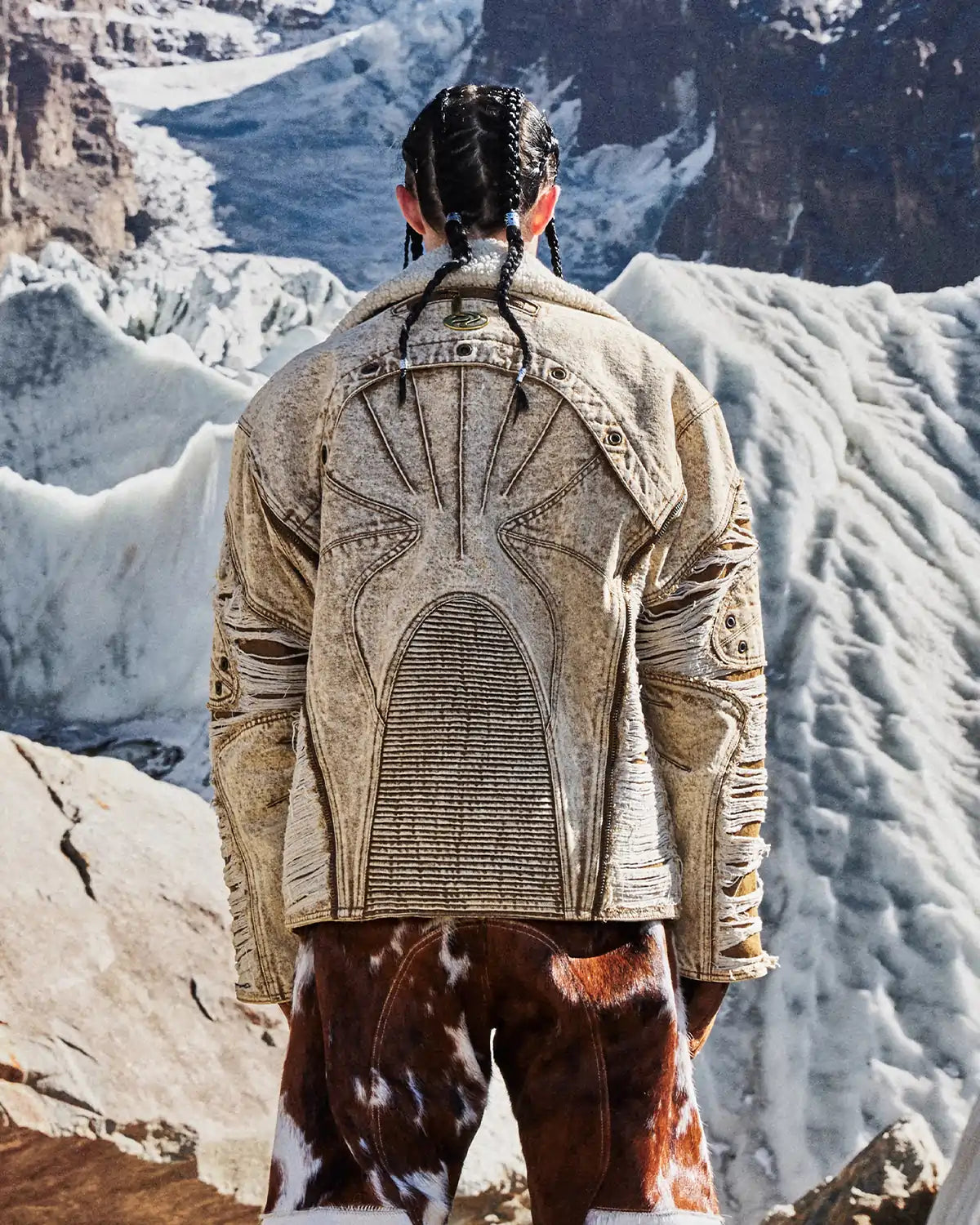 Personsoul Distressed Brown Denim Jacket with Faux-Fur Collar