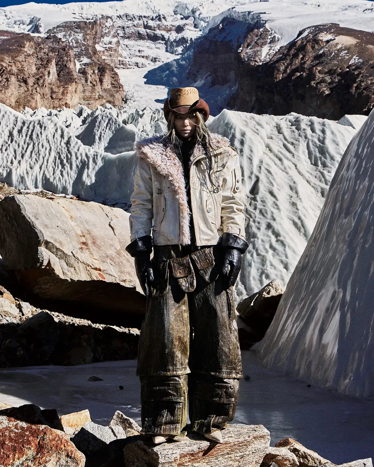 Personsoul Cracked Sheepskin and Mosner Wool Stand Collar Jacket