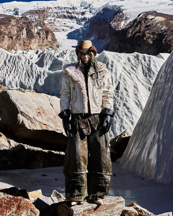 Personsoul Cracked Sheepskin and Mosner Wool Stand Collar Jacket