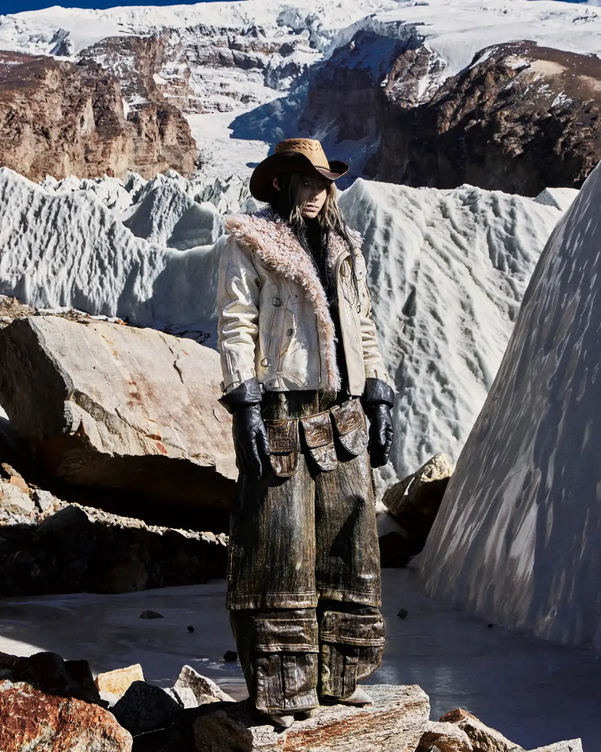 Personsoul Cracked Sheepskin and Mosner Wool Stand Collar Jacket