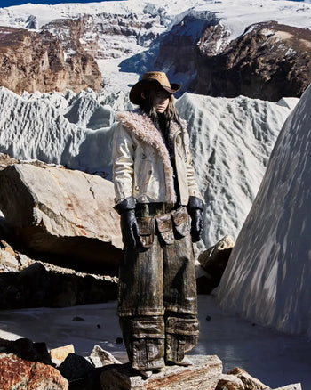 Personsoul Cracked Sheepskin and Mosner Wool Stand Collar Jacket