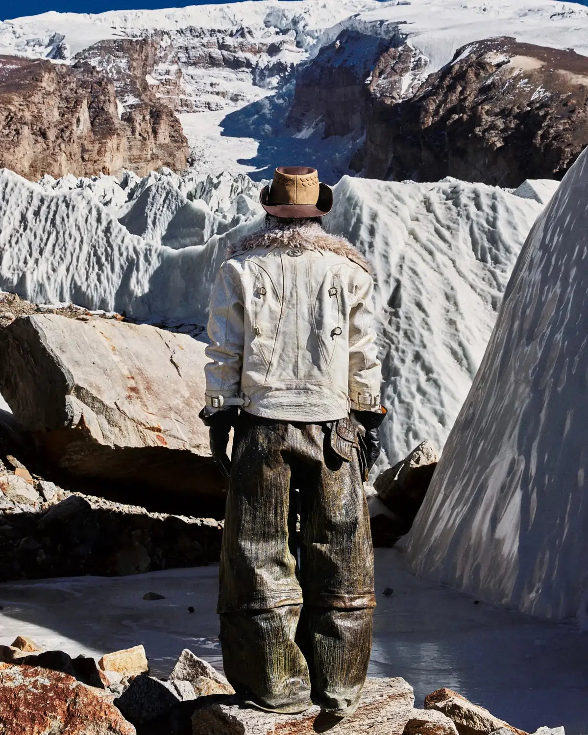 Personsoul Cracked Sheepskin and Mosner Wool Stand Collar Jacket