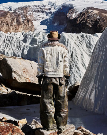 Personsoul Cracked Sheepskin and Mosner Wool Stand Collar Jacket