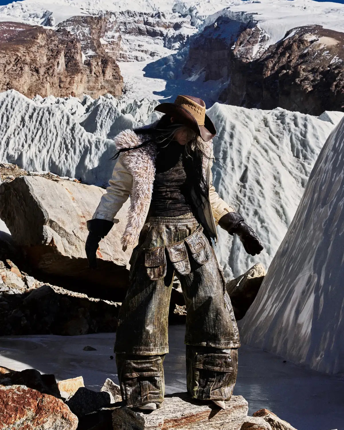 Personsoul Cracked Sheepskin and Mosner Wool Stand Collar Jacket