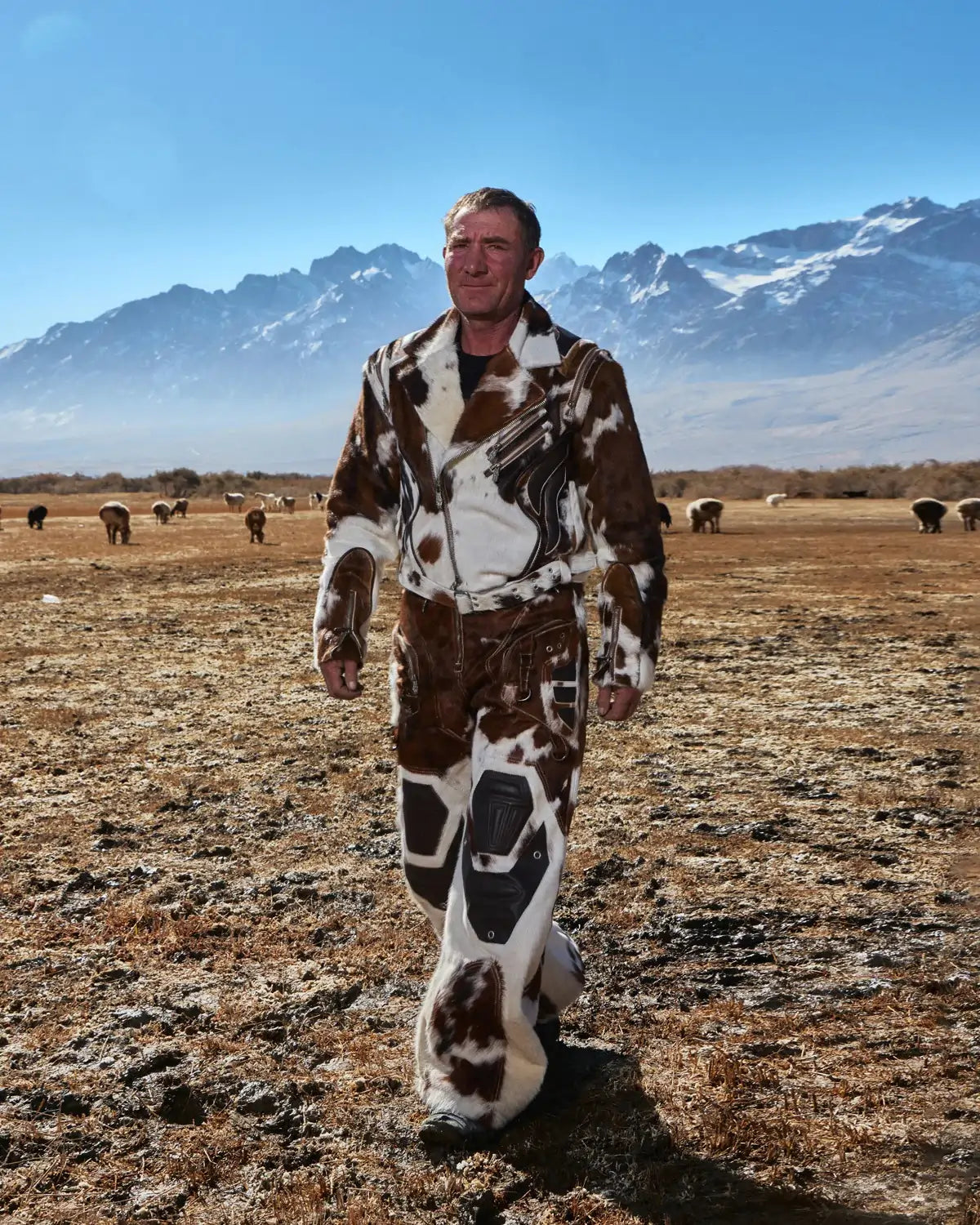 Personsoul Cowhide-Print Vintage Biker Leather Jacket