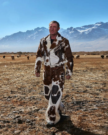 Personsoul Cowhide-Print Vintage Biker Leather Jacket