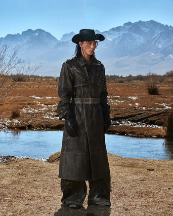 Personsoul Distressed Top-Grain Calf Leather Long Jacket