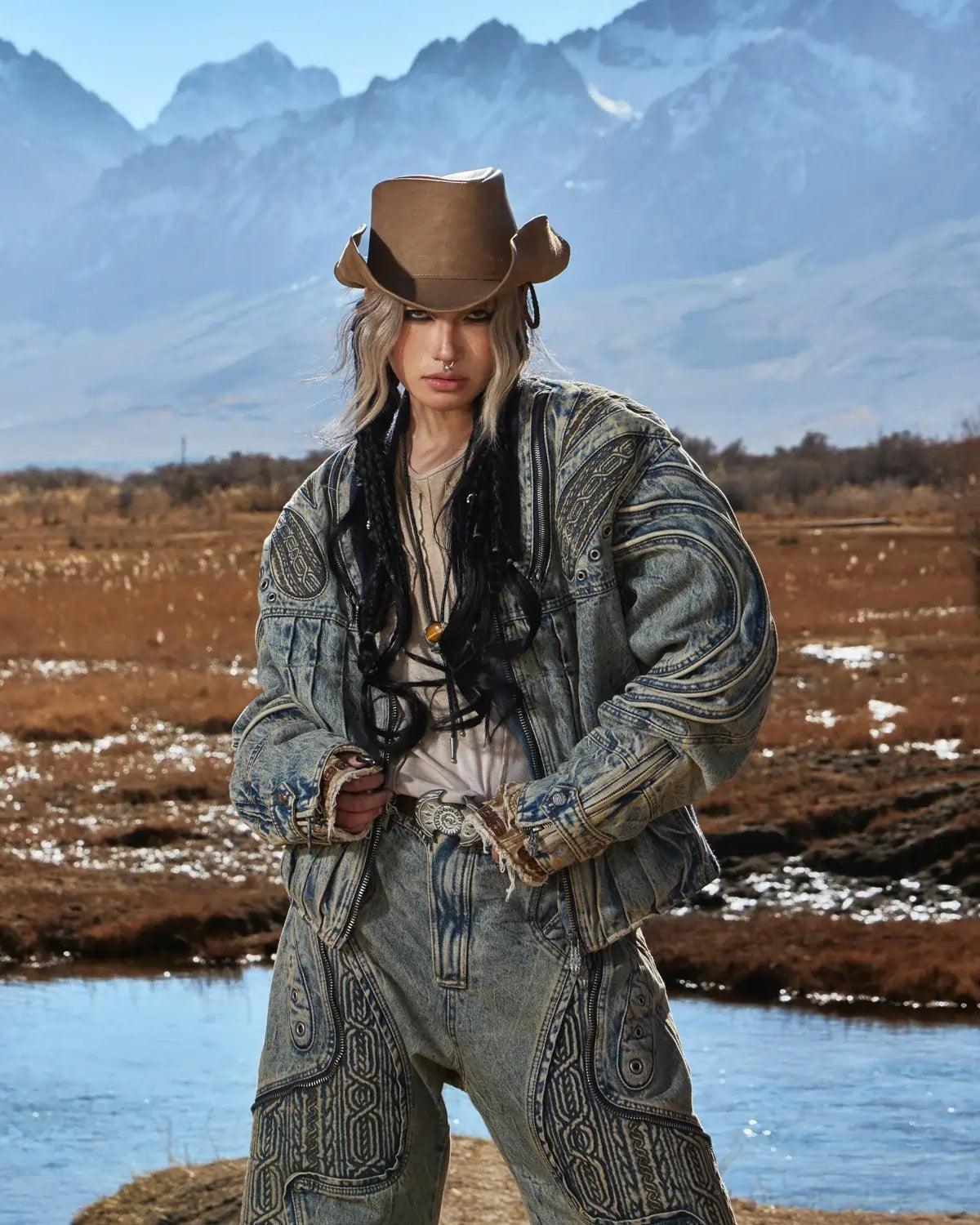 Personsoul Patchwork Ribbed Knit Embroidered Denim Jacket