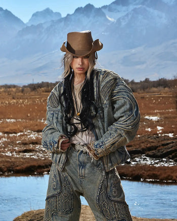 Personsoul Patchwork Ribbed Knit Embroidered Denim Jacket