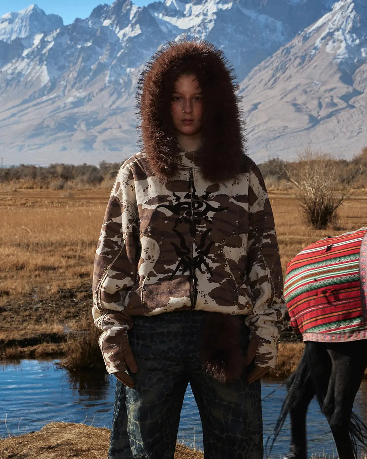 Personsoul Animal Print Hoodie with Fur-Lined Hood