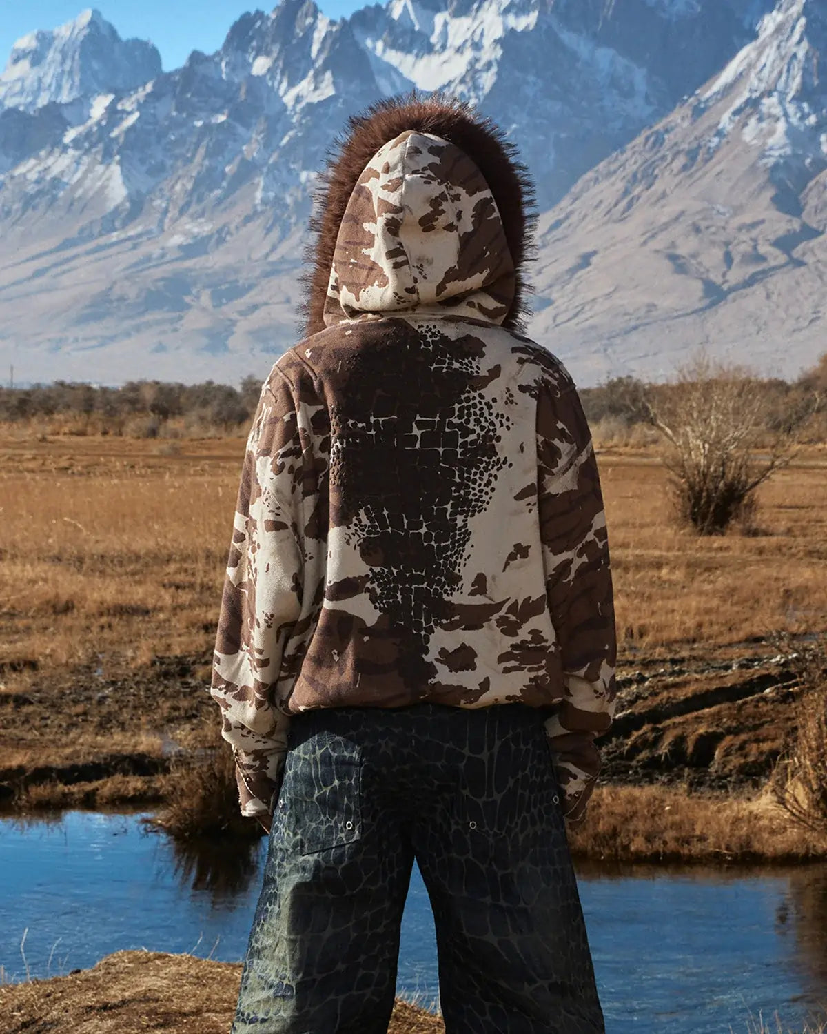 Personsoul Animal Print Hoodie with Fur-Lined Hood