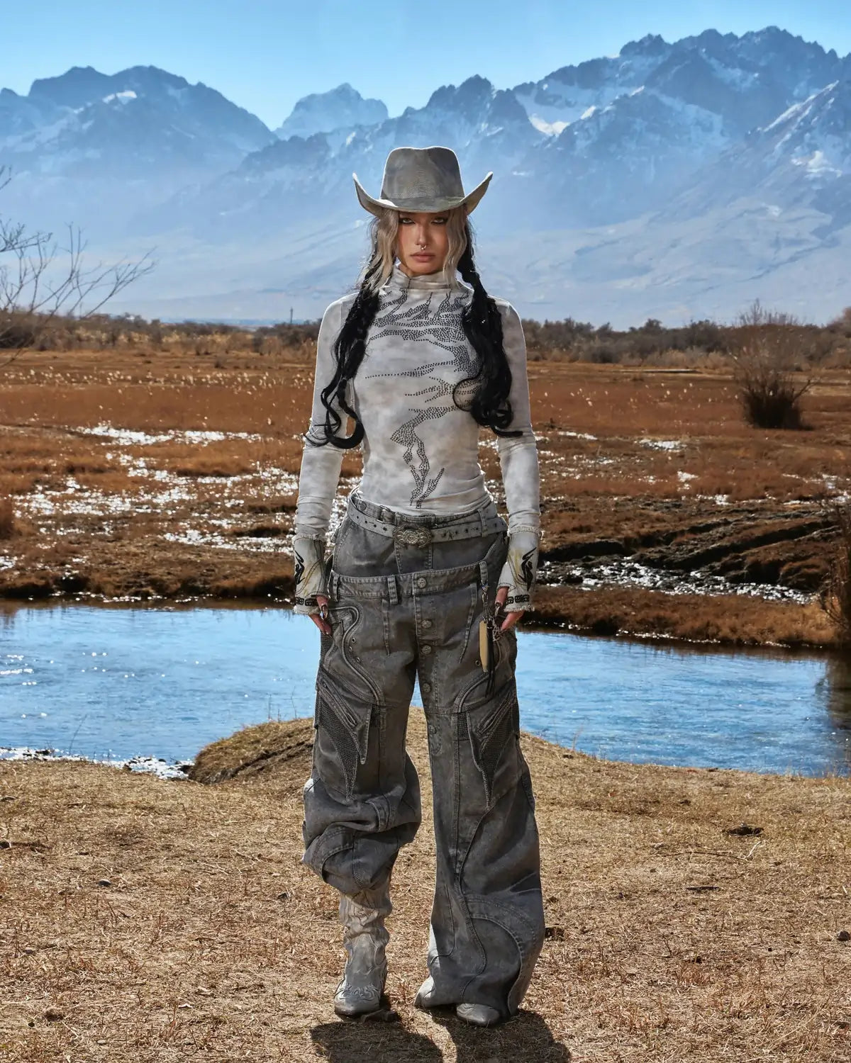 Personsoul Mock Double-Waist Wide-Leg Cargo Pants