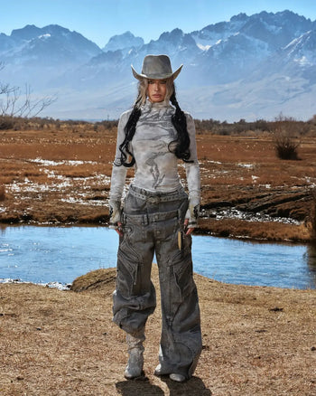 Personsoul Mock Double-Waist Wide-Leg Cargo Pants