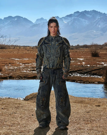 Personsoul Tiger Print Racing Denim Jacket