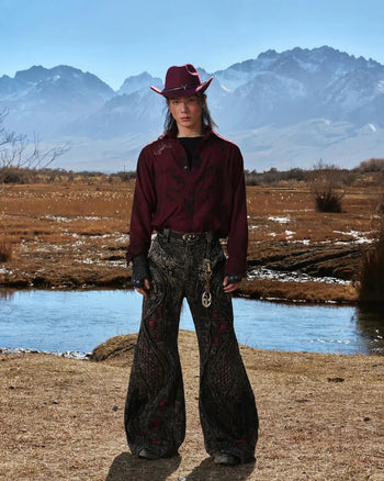 Personsoul Vintage Wine Red Shirt with Totem Print