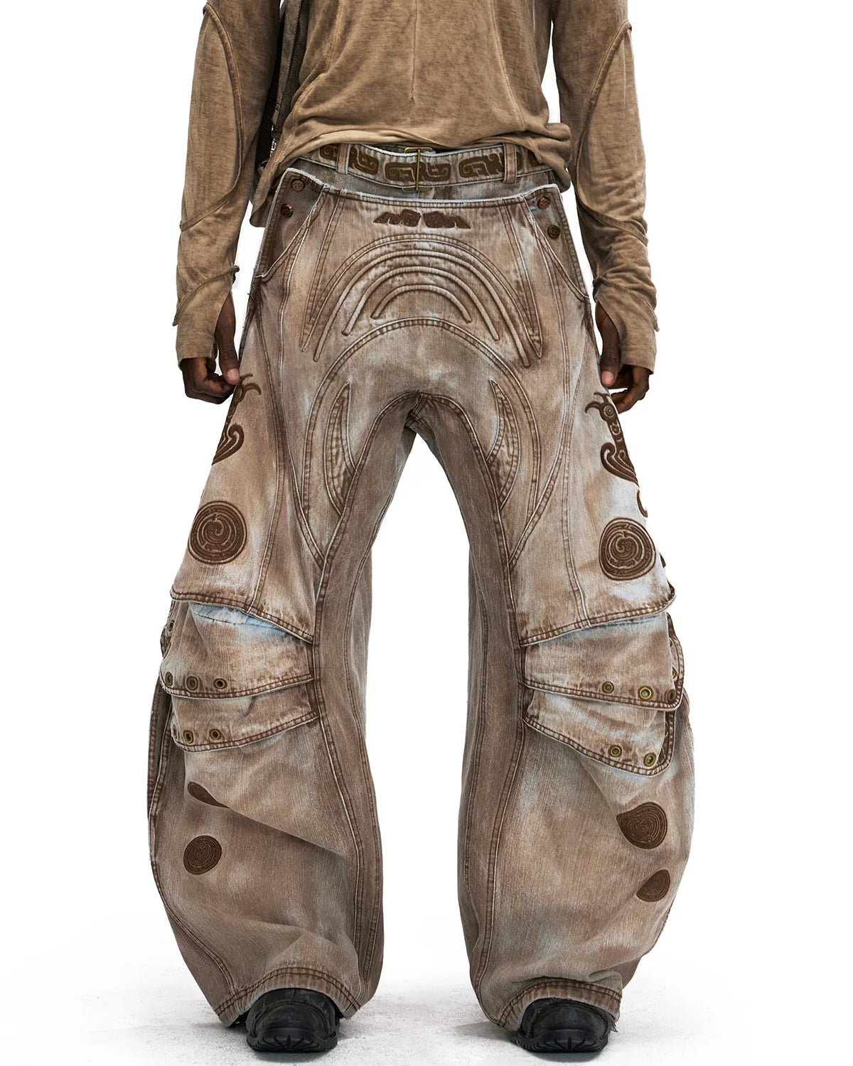 Personsoul Vintage Earth-Tone Faux-Layer Curved Jeans