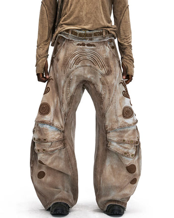 Personsoul Vintage Earth-Tone Faux-Layer Curved Jeans