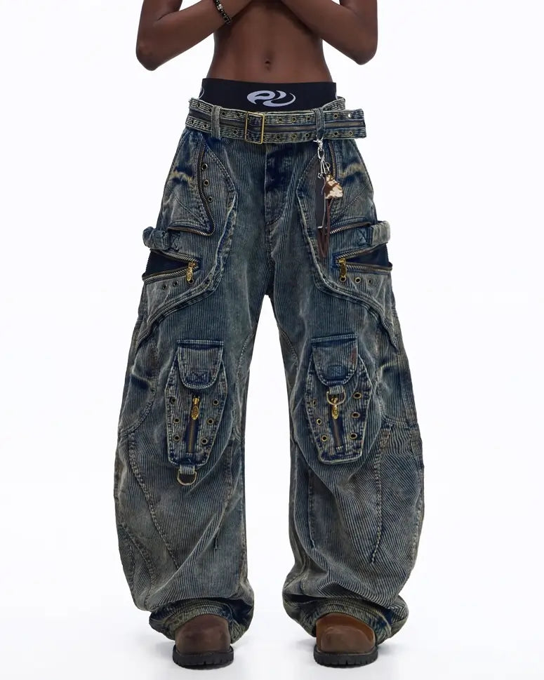 Personsoul Vintage Washed Corduroy Wide-Leg Pants with Belt